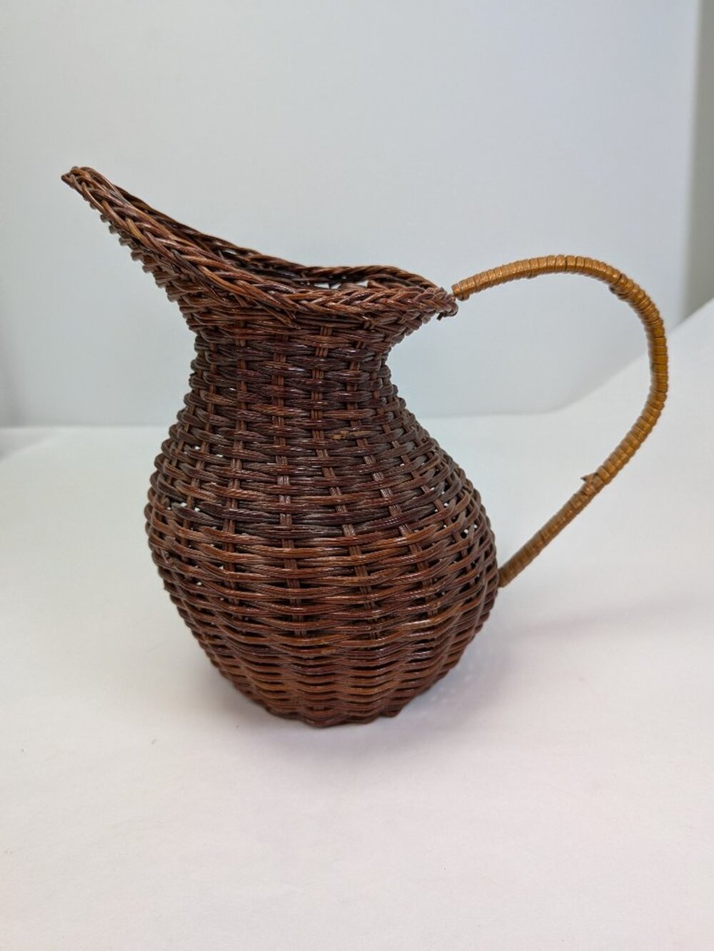 Vintage Woven Rattan Wicker Pitcher Rustic Country Pitcher Decorative Jug Boho